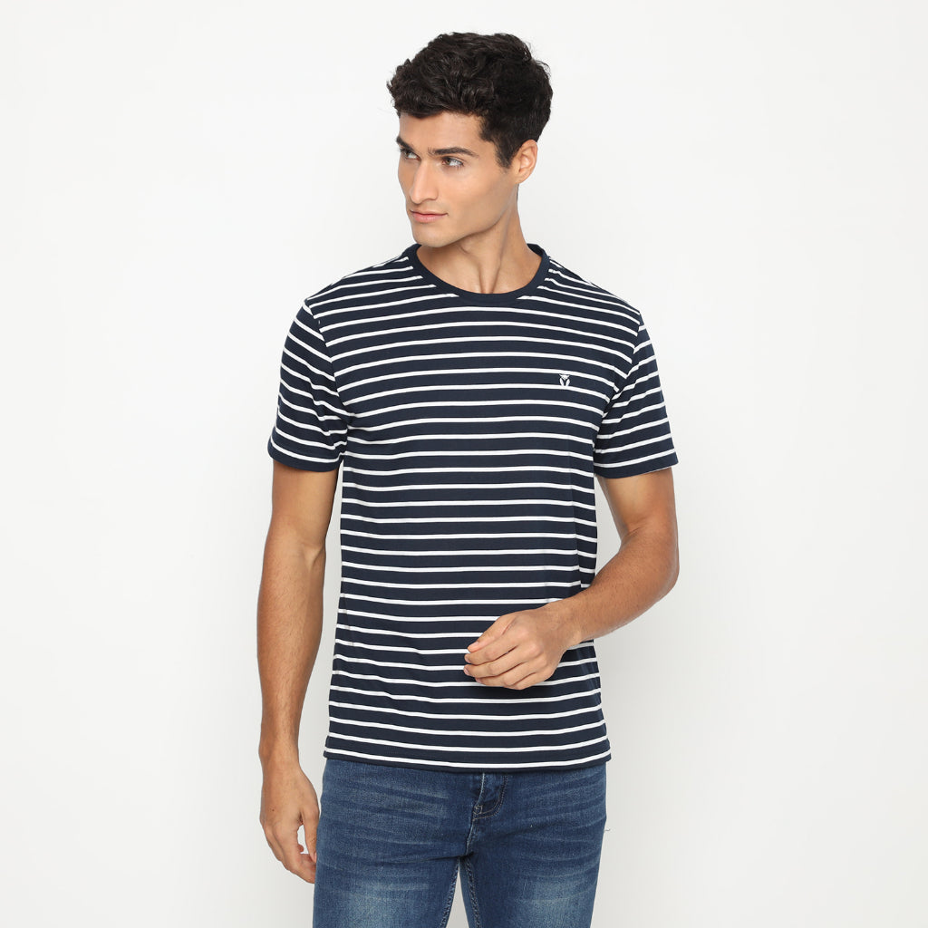 Matsuda T Shirt Pria Kaos Stripe Nantan Navy White