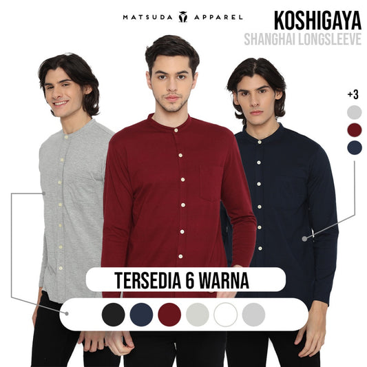 MATSUDA Kemeja Pria Polos Kerah Shanghai Lengan Panjang Katun Koshigaya