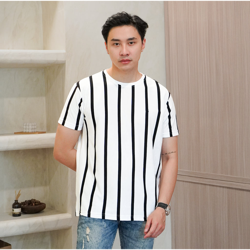 Matsuda T Shirt Pria Kaos Stripe Tsuru White