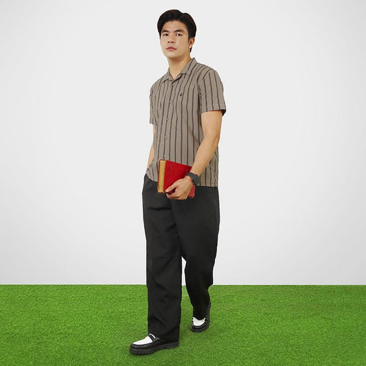 MATSUDA Kemeja Pria Stripe Lengan Pendek Katun Nagahama Cobble Stone