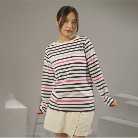 MATSUDA Kaos Wanita Longsleeve Stripe Katun Brita White
