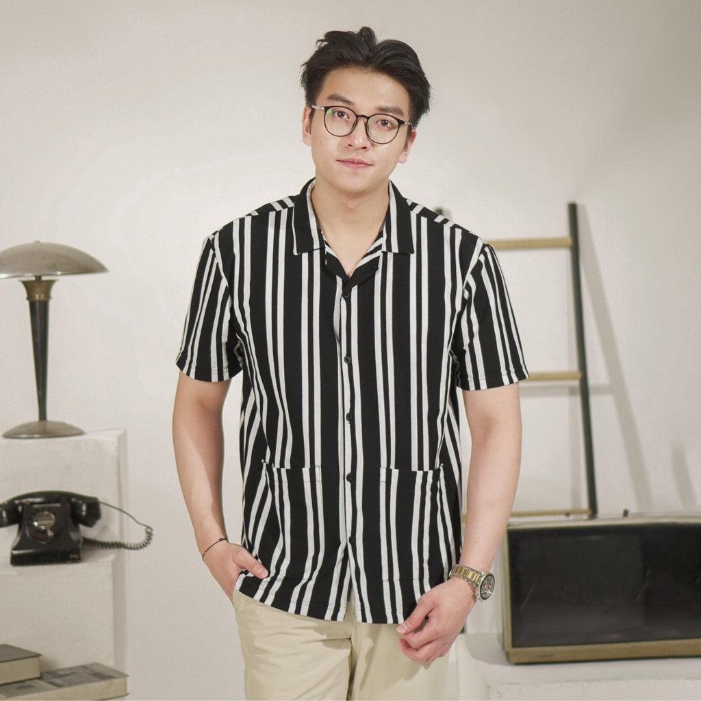 Matsuda Kemeja Pria Stripe Lengan pendek Toride Black-White