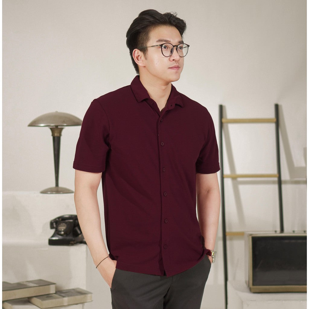 Matsuda Kemeja Pria Polos Lengan pendek Kasual Shiroi Burgundy