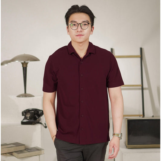 Matsuda Kemeja Pria Polos Lengan pendek Kasual Shiroi Burgundy