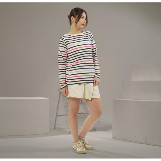 MATSUDA Kaos Wanita Longsleeve Stripe Katun Brita White