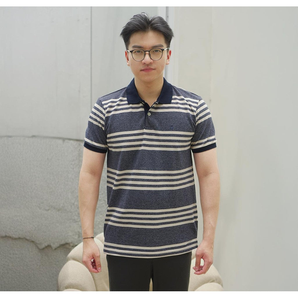MATSUDA Baju Kaos Polo Shirt Dewasa Stripe Pria Kerah Katun Tsubame Navymel