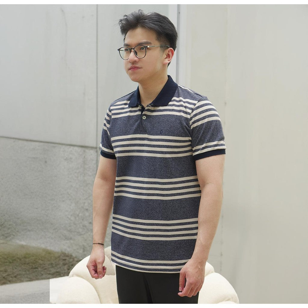 MATSUDA Baju Kaos Polo Shirt Dewasa Stripe Pria Kerah Katun Tsubame Navymel