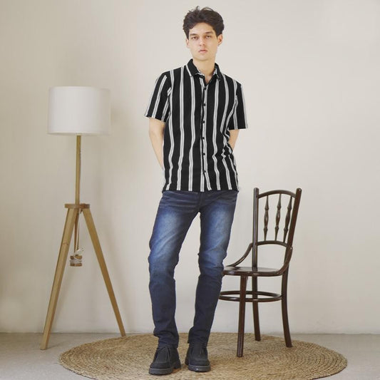 Matsuda Kemeja Pria Stripe Lengan pendek Toshima Black