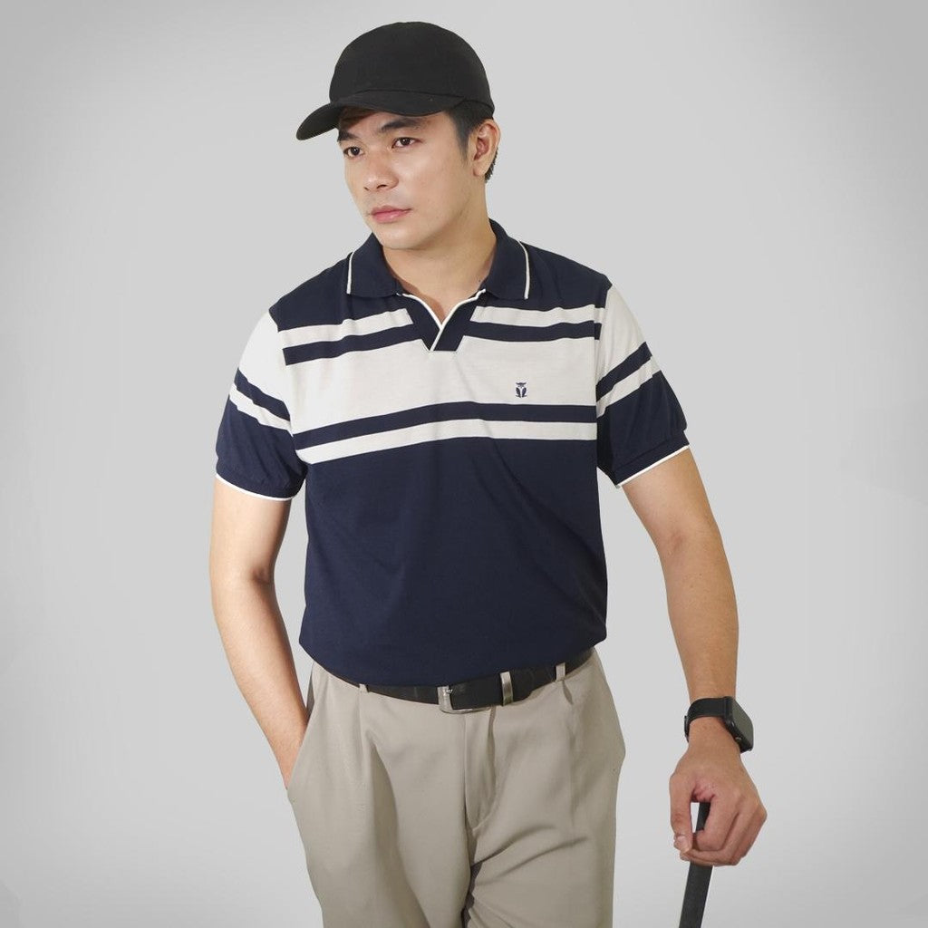 MATSUDA Baju Kaos Polo Shirt Dewasa Stripe Pria Kerah Katun Tokamachi Navy