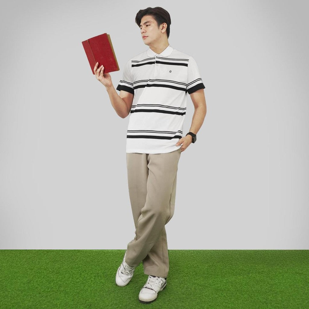 MATSUDA Baju Kaos Polo Shirt Dewasa Stripe Pria Kerah Katun Ureshino White