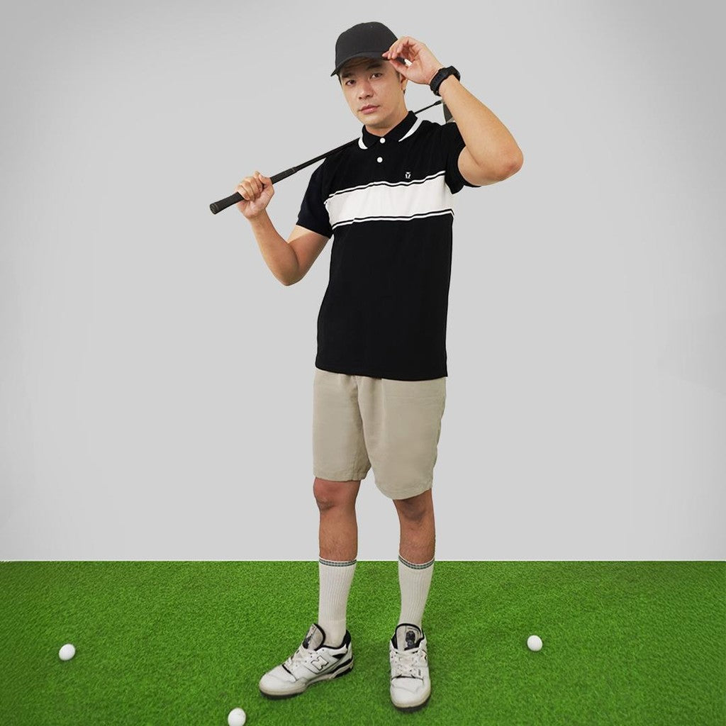 MATSUDA Baju Kaos Polo Shirt Dewasa Stripe Pria Kerah Katun Yanai Black