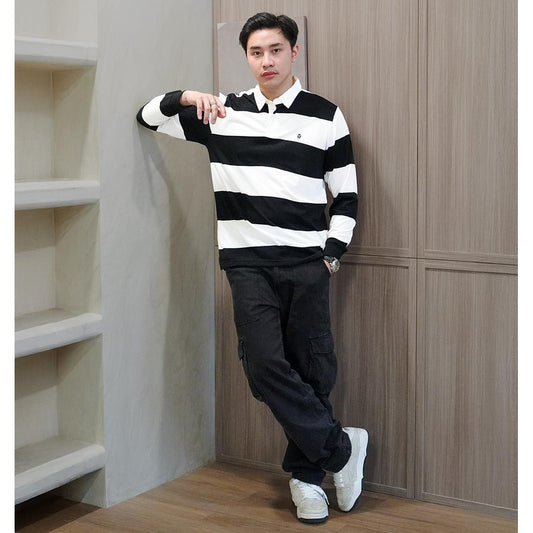 Matsuda Kaos Rugby Polo Shirt Katun Pria Lengan Panjang Nagai Black White