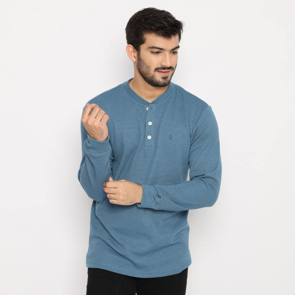 MATSUDA Kaos Lengan Panjang Henley Waffle Katun Miyama