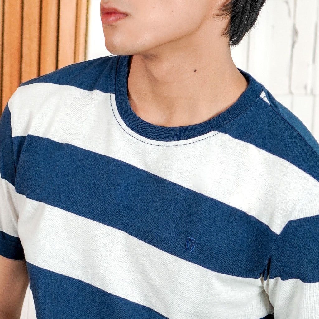 Matsuda T Shirt Pria Kaos Stripe Nanao Blue Teall Off white