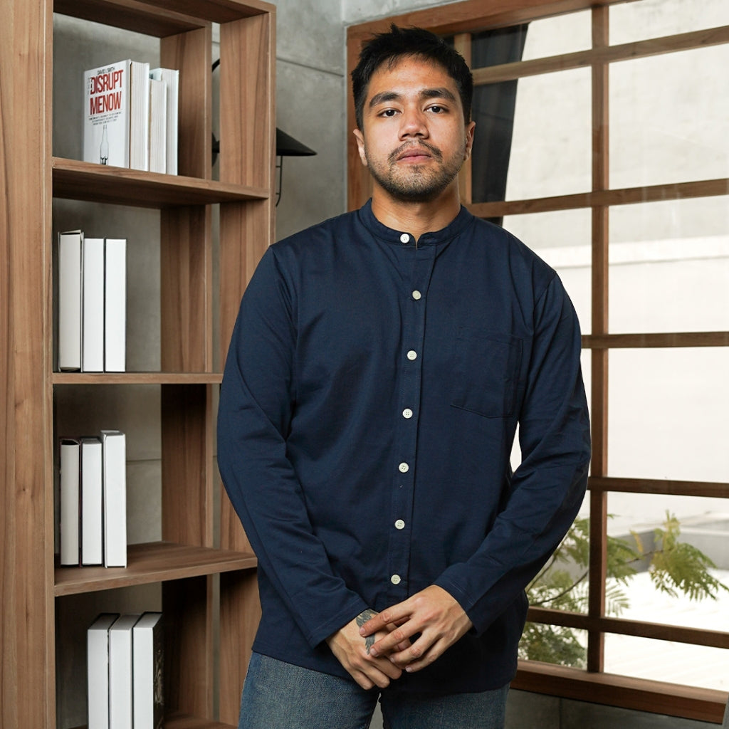 MATSUDA Kemeja Pria Polos Kerah Shanghai Lengan Panjang Katun Koshigaya