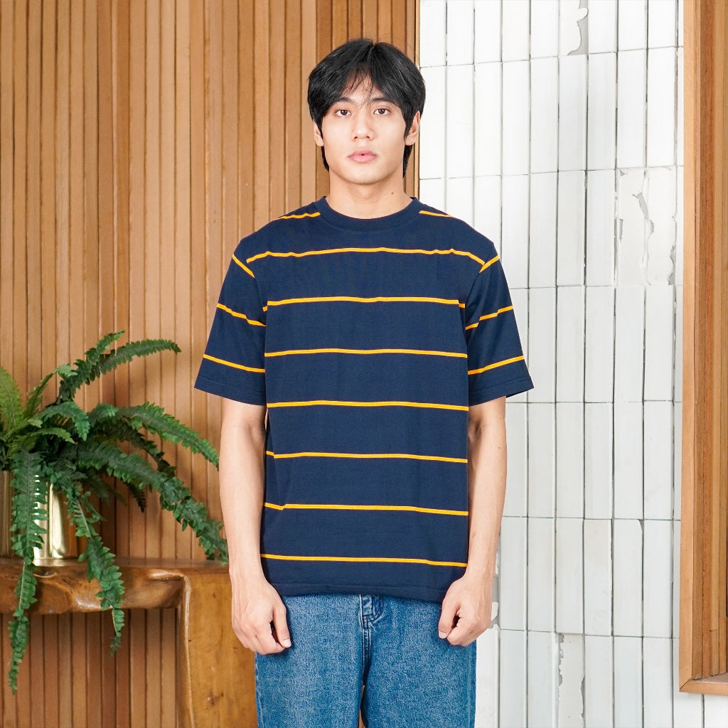 Matsuda Kaos Oversize Stripe Ritto Navy Pria Anti Kusut Baju Garis Korean Style Adem