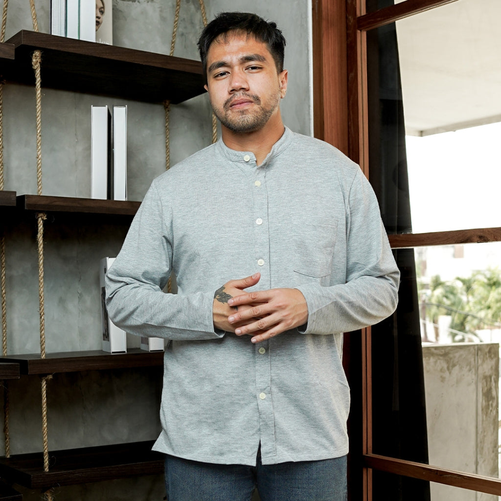 MATSUDA Kemeja Pria Polos Kerah Shanghai Lengan Panjang Katun Koshigaya