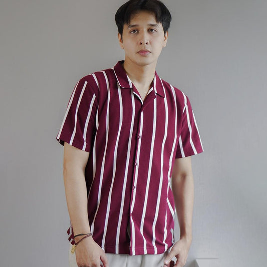 Matsuda Kemeja Pria Stripe Lengan pendek Yamaga Burgundy