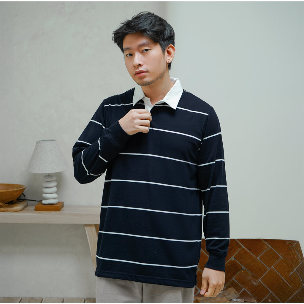 Matsuda Kaos Rugby Polo Shirt Katun Pria Lengan Panjang Tsuyama Navy