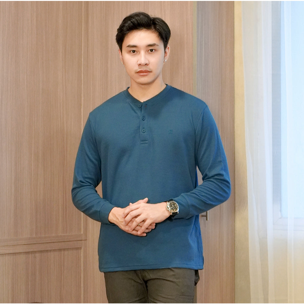 MATSUDA Kaos Lengan Panjang Henley Waffle Katun Miyama