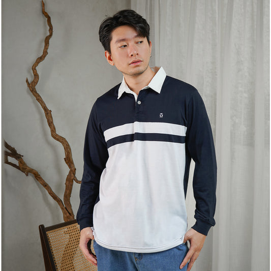 Matsuda Kaos Rugby Polo Shirt Katun Pria Lengan Panjang Yasugi Navy White