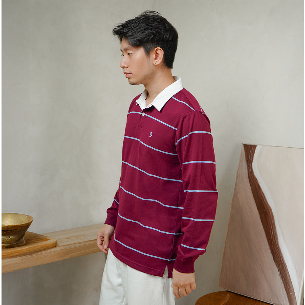Matsuda Kaos Rugby Polo Shirt Katun Pria Lengan Panjang Tsuyama Burgundy