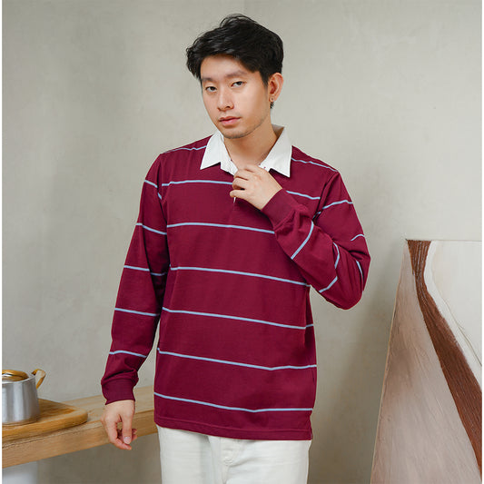 Matsuda Kaos Rugby Polo Shirt Katun Pria Lengan Panjang Tsuyama Burgundy