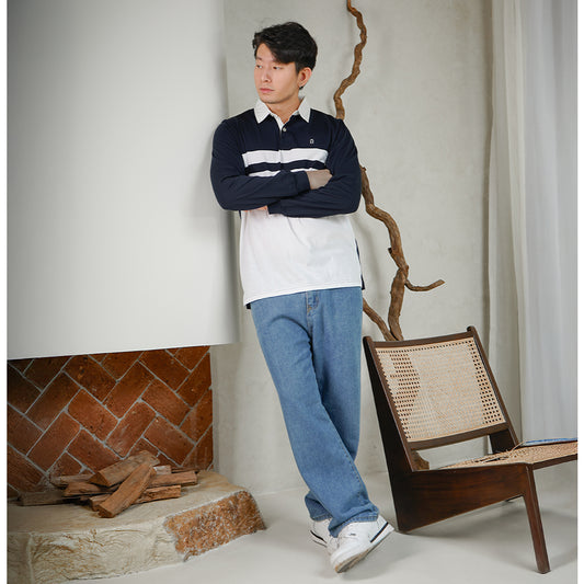 Matsuda Kaos Rugby Polo Shirt Katun Pria Lengan Panjang Yasugi Navy White