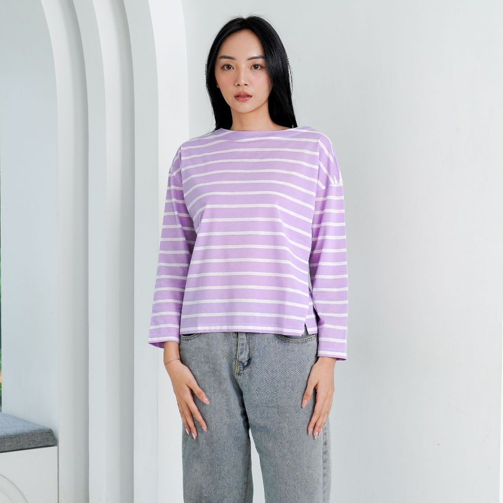 MATSUDA Kaos Wanita T Shirt Stripe Katun Ruby