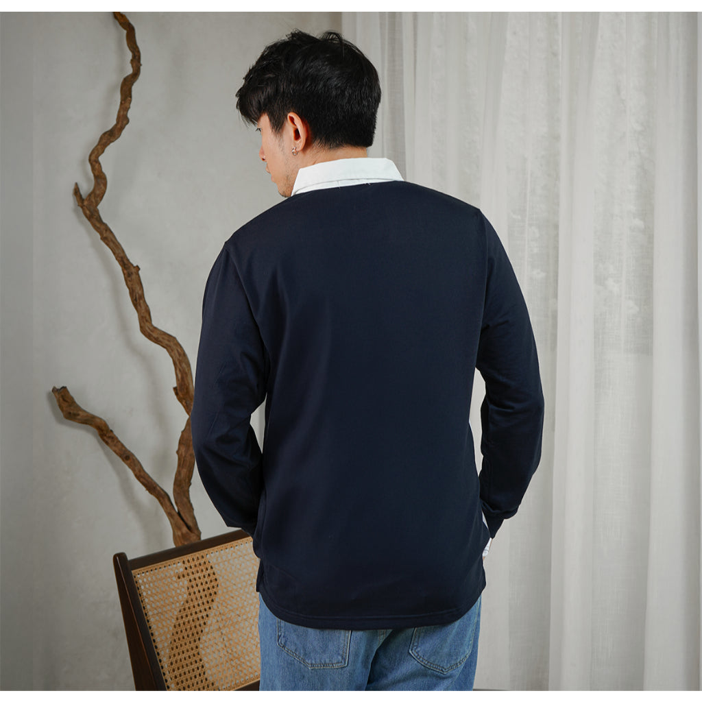 Matsuda Kaos Rugby Polo Shirt Katun Pria Lengan Panjang Yasugi Navy White