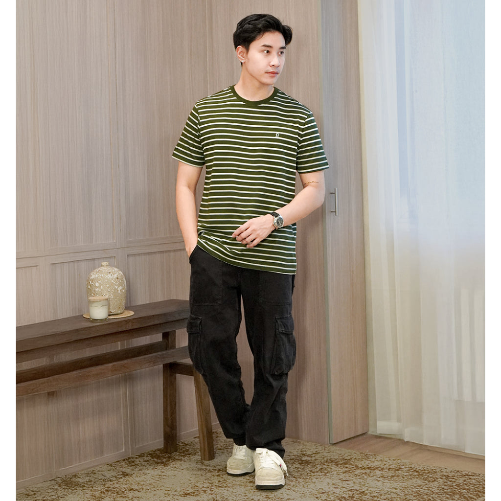 Matsuda T Shirt Pria Kaos Stripe Nantan Oblong Baju Olive White