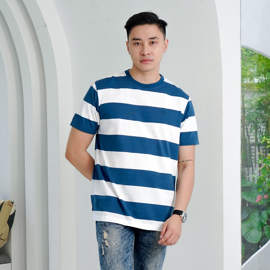 Matsuda T Shirt Pria Kaos Stripe Nanao Gold Navy