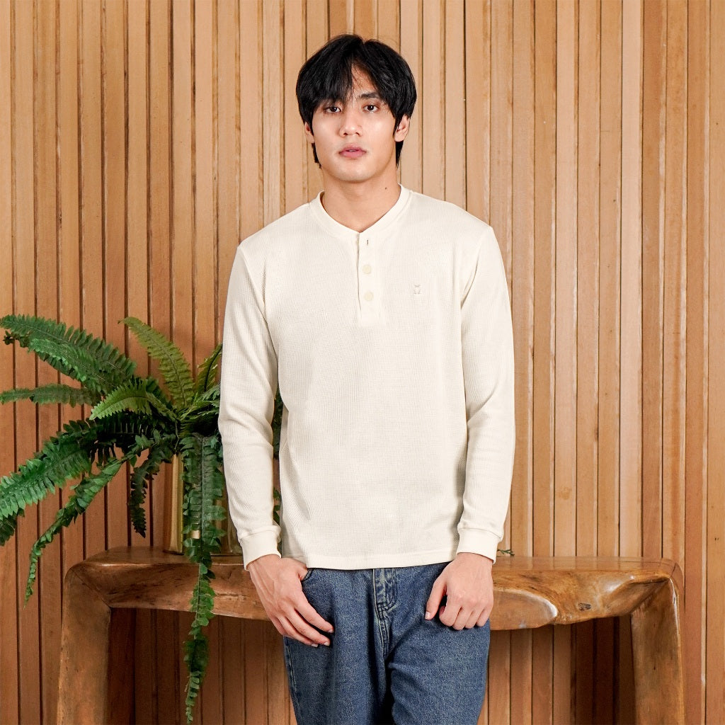 MATSUDA Kaos Lengan Panjang Henley Waffle Katun Miyama