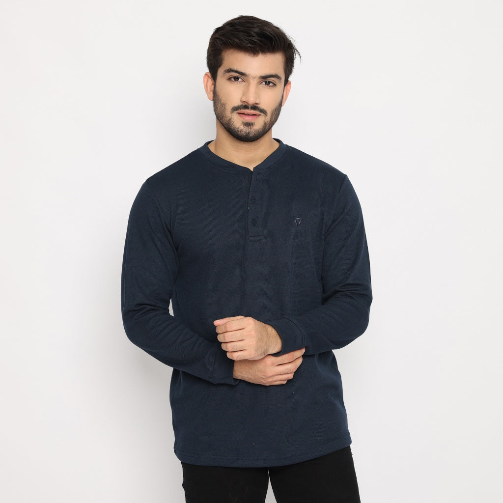 MATSUDA Kaos Lengan Panjang Henley Waffle Katun Miyama