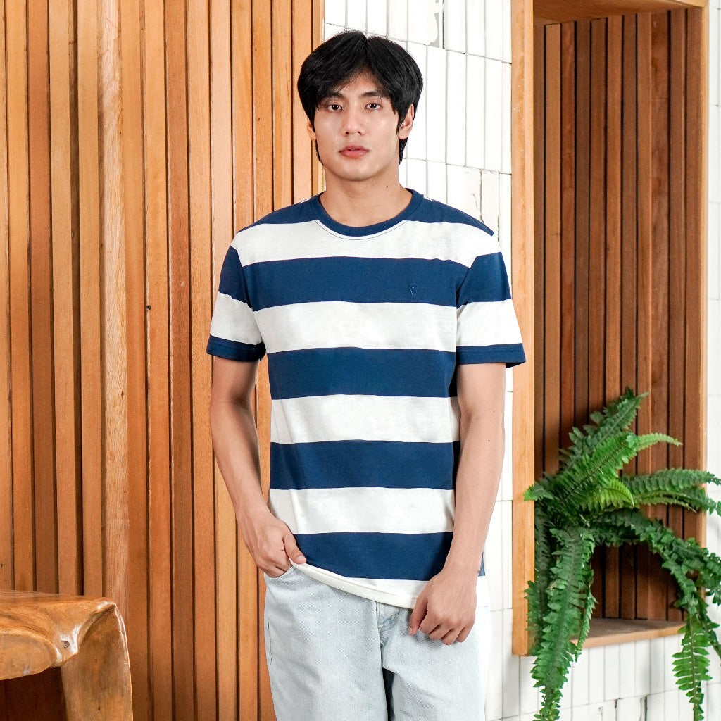 Matsuda T Shirt Pria Kaos Stripe Nanao Steel Blue White