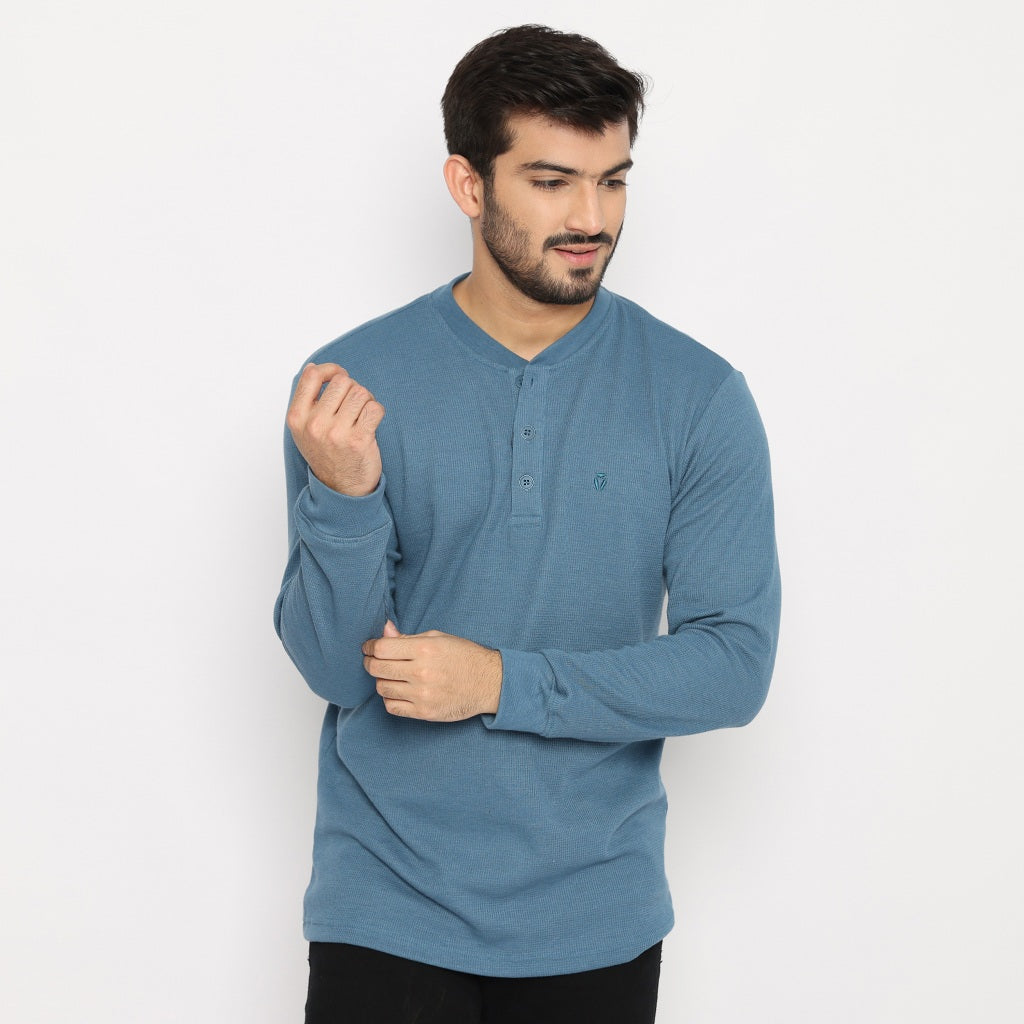 MATSUDA Kaos Lengan Panjang Henley Waffle Katun Miyama