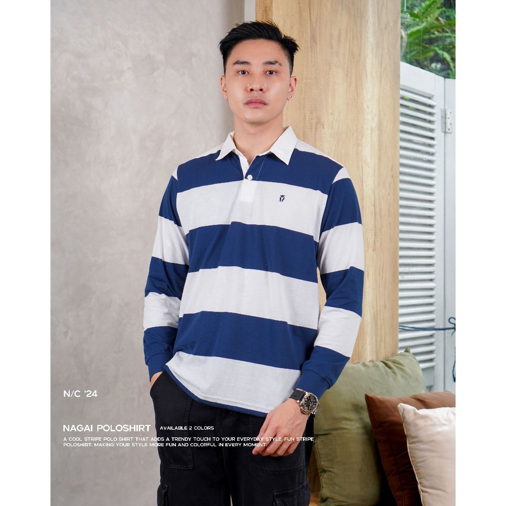 Matsuda Kaos Rugby Polo Shirt Katun Pria Lengan Panjang Nagai Black White