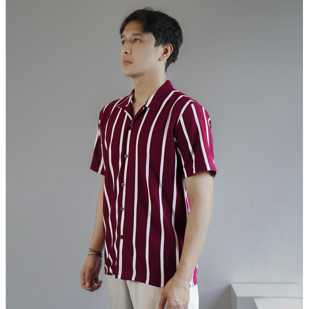 Matsuda Kemeja Pria Stripe Lengan pendek Yamaga Burgundy