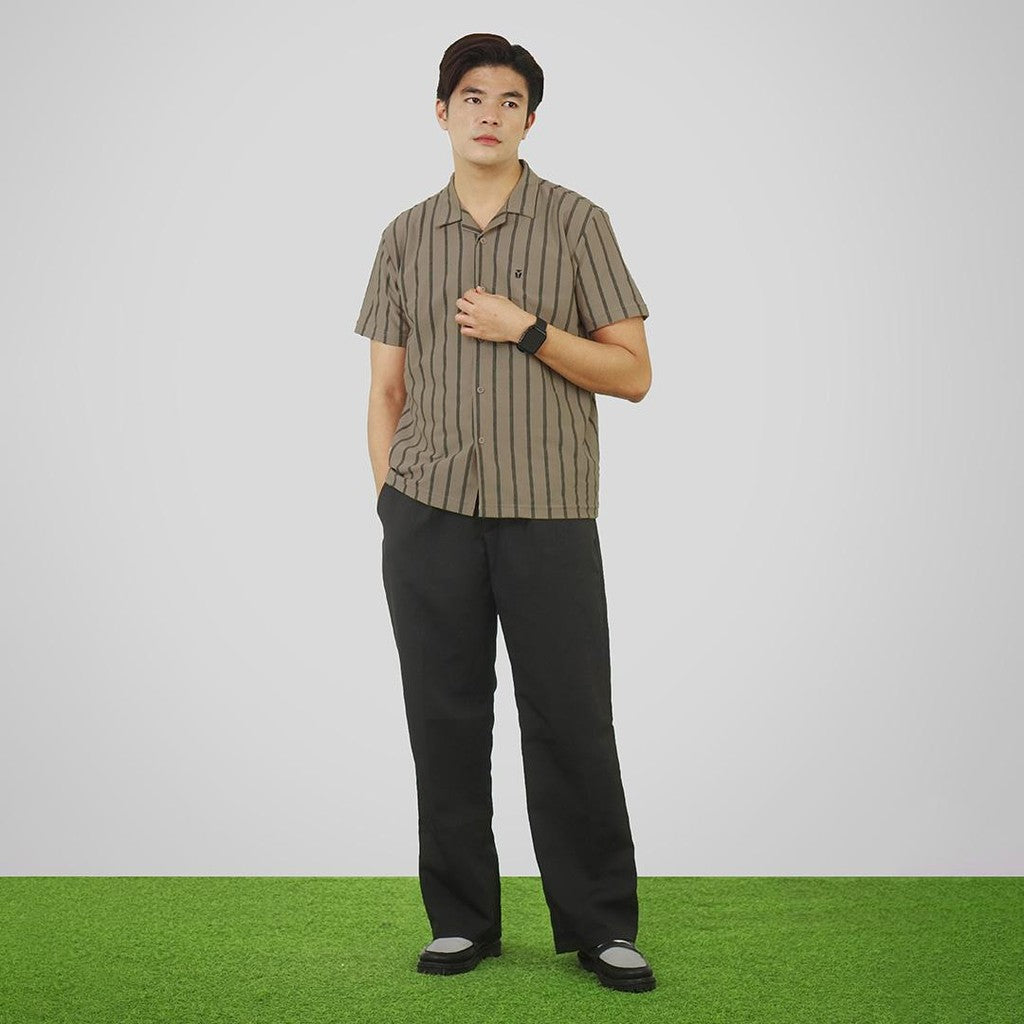 MATSUDA Kemeja Pria Stripe Lengan Pendek Katun Nagahama Cobble Stone