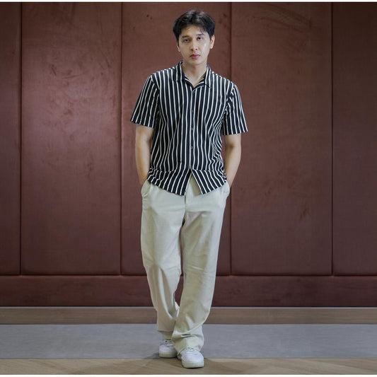 Matsuda Kemeja Pria Stripe Lengan pendek Takasaki Navy White