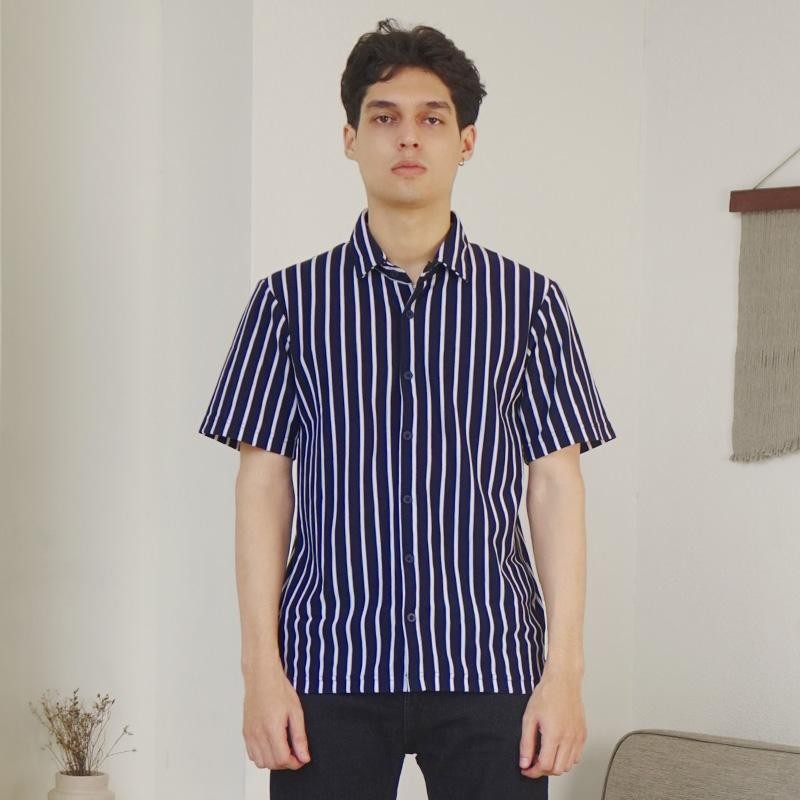 Matsuda Kemeja Pria Stripe Lengan pendek Ojiya Navy White