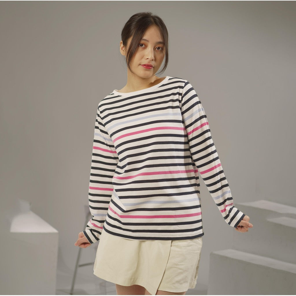 MATSUDA Kaos Wanita Longsleeve Stripe Katun Brita White