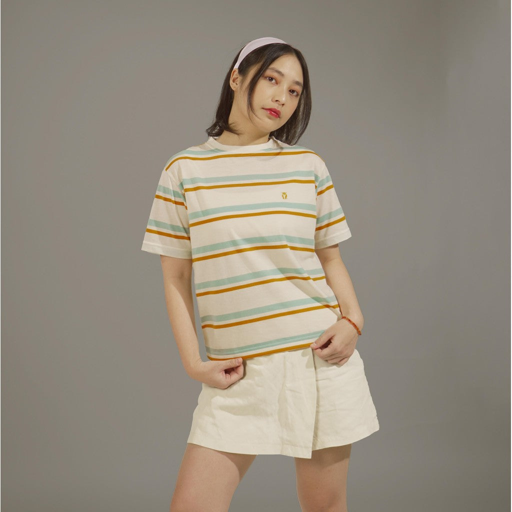 MATSUDA Kaos Wanita T Shirt Stripe Katun Ocha OffWhite