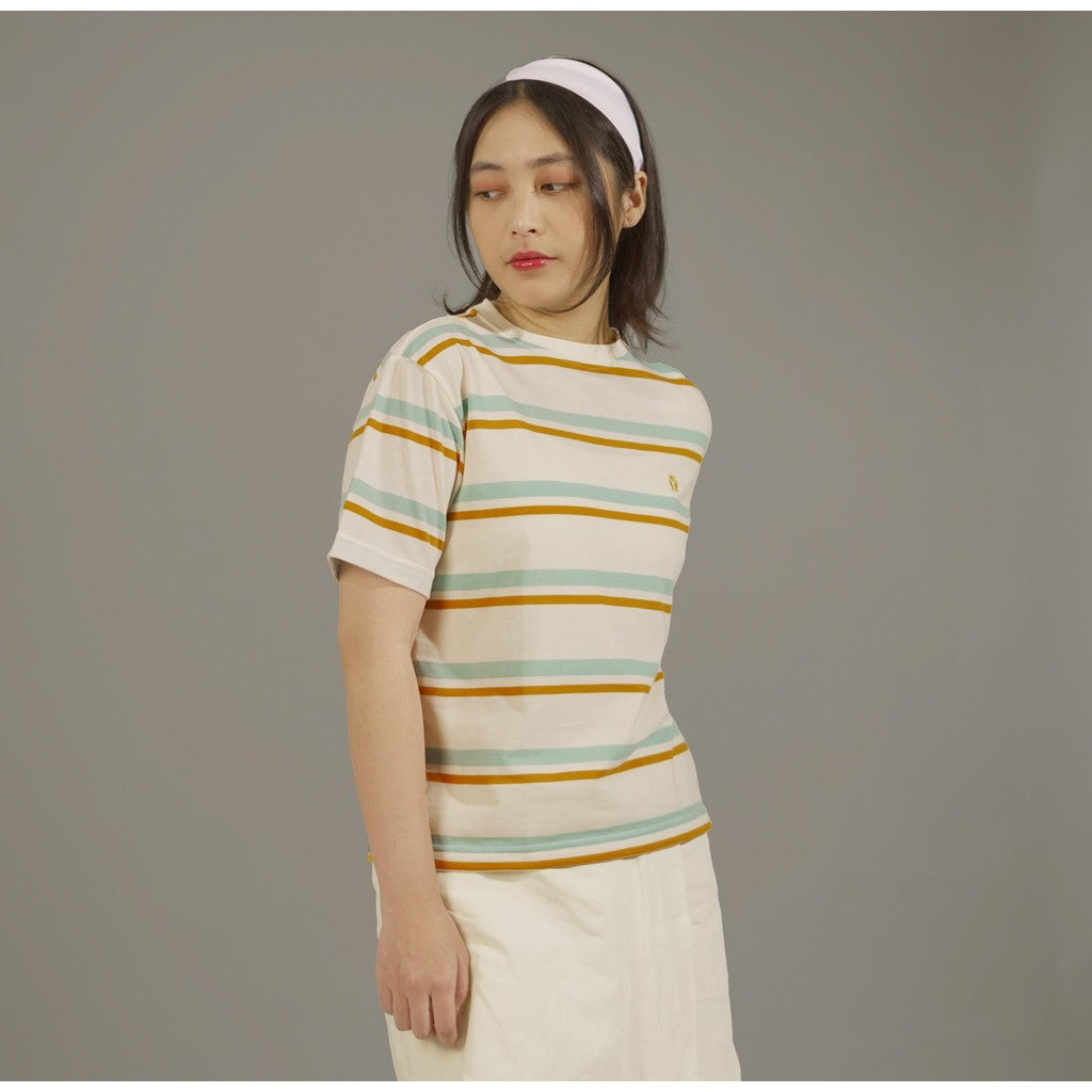 MATSUDA Kaos Wanita T Shirt Stripe Katun Ocha OffWhite
