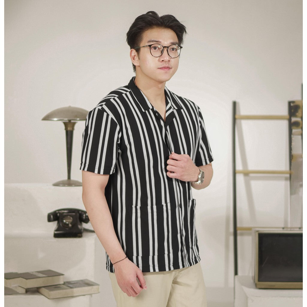 Matsuda Kemeja Pria Stripe Lengan pendek Toride Black-White