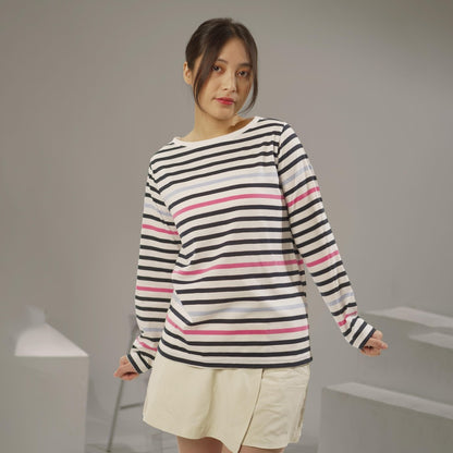 MATSUDA Kaos Wanita Longsleeve Stripe Katun Brita White