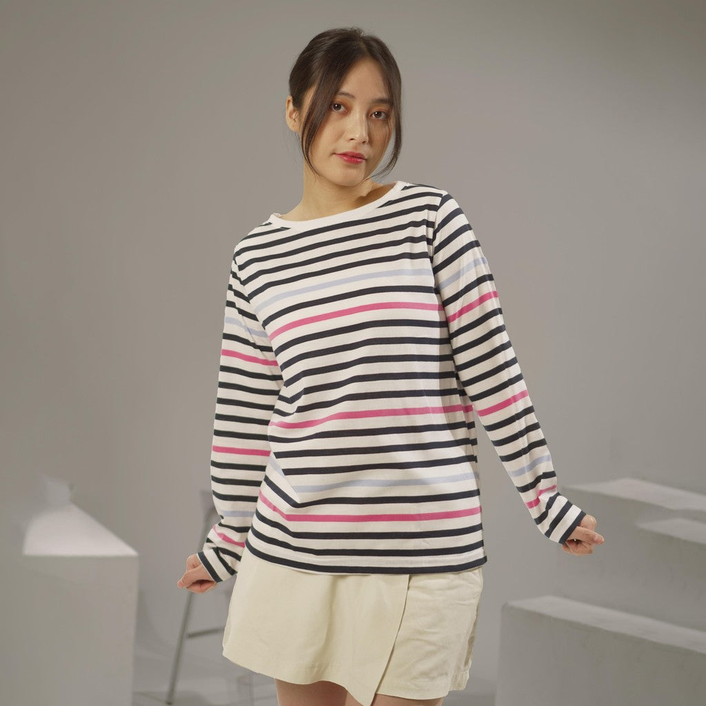 MATSUDA Kaos Wanita Longsleeve Stripe Katun Brita White