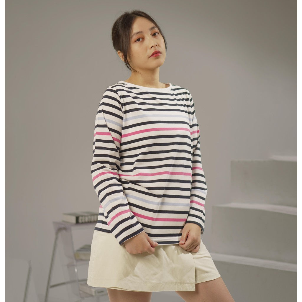 MATSUDA Kaos Wanita Longsleeve Stripe Katun Brita White