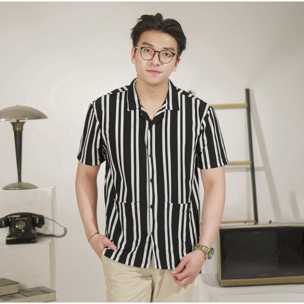 Matsuda Kemeja Pria Stripe Lengan pendek Toride Black-White