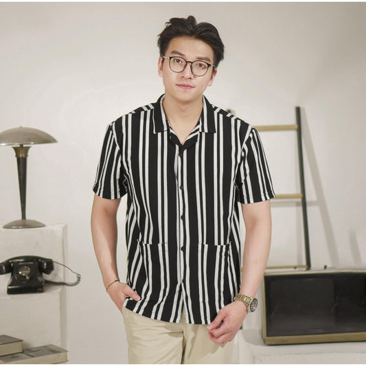 Matsuda Kemeja Pria Stripe Lengan pendek Toride Black-White